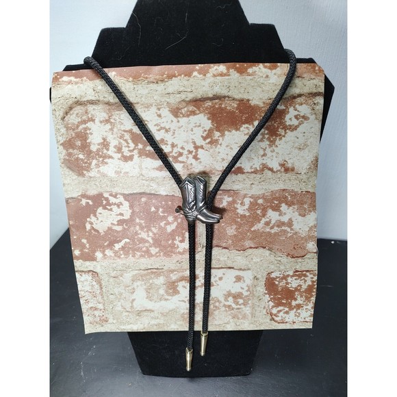 Western Style Bolo Rope Necktie-Boots with spurs-black and silver-Excellent - Picture 2 of 8